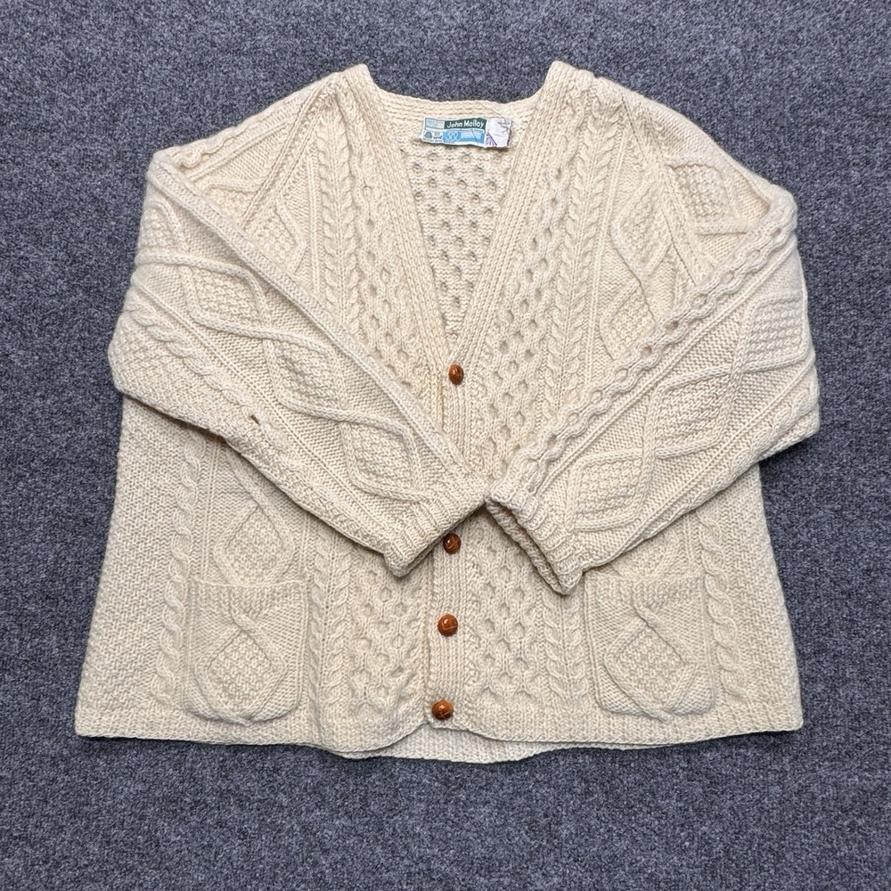 VTG 80s John Molloy Aran Chunky Knit New Wool Cardigan Sweater Ireland Measured